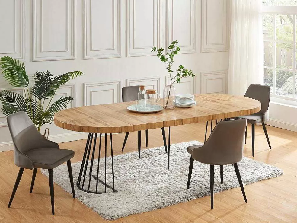 Vente-unique Mesa De Jantar Extensivel De 2 A 12 Lugares Em Mdf E Aco Natural E Preto - Firela* Mesa De Jantar