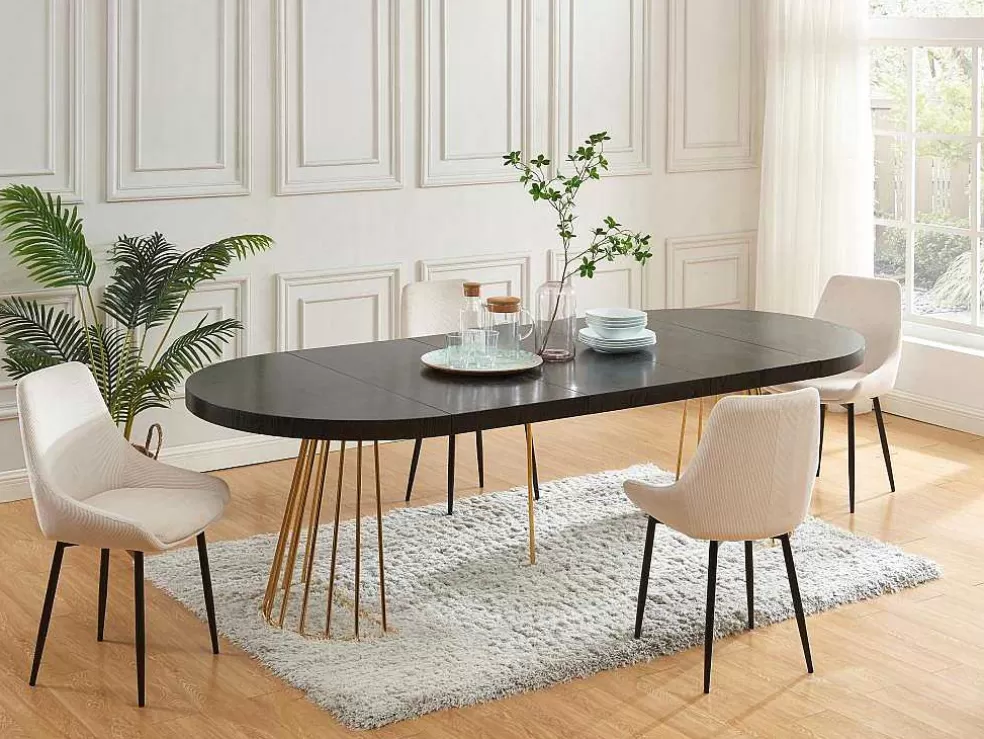 Vente-unique Mesa De Jantar Extensivel De 2 A 12 Lugares Em Mdf E Aco Preto E Dourado - Firela* Mesa De Jantar