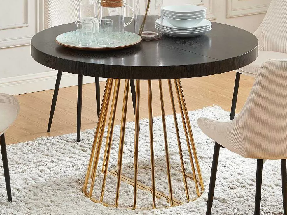 Vente-unique Mesa De Jantar Extensivel De 2 A 12 Lugares Em Mdf E Aco Preto E Dourado - Firela* Mesa De Jantar