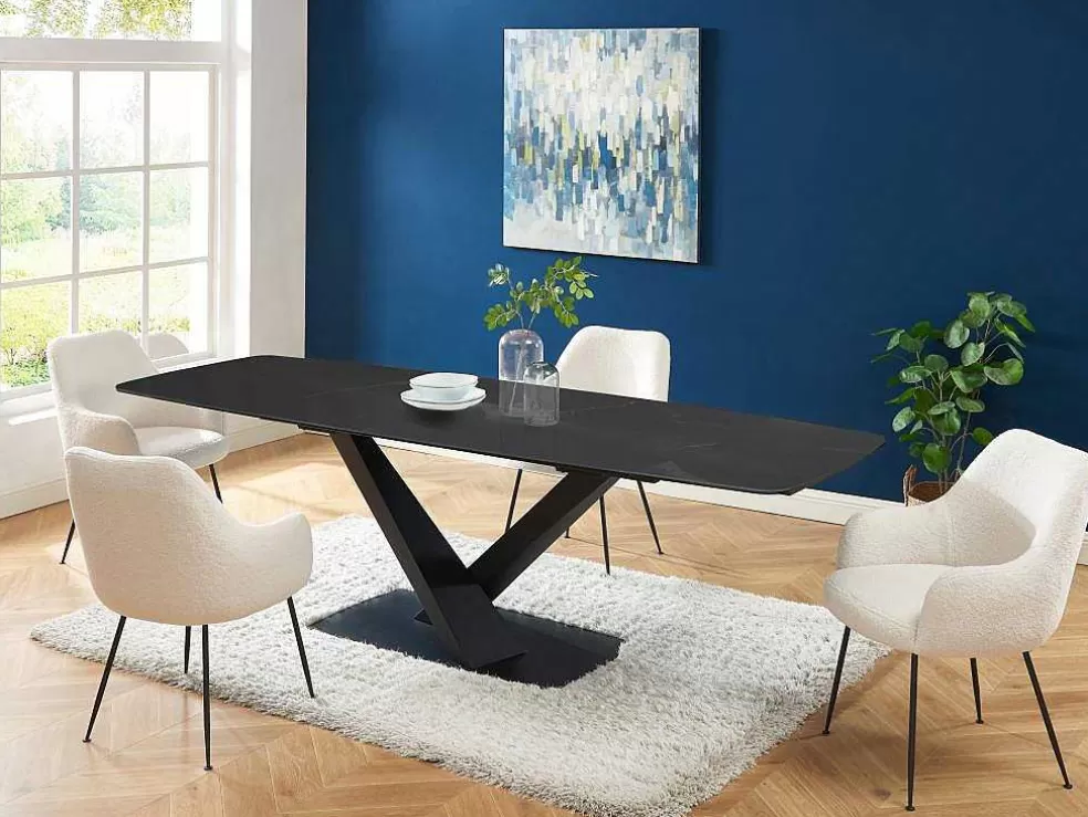 PASCAL MORABITO Mesa De Jantar Extensivel De 6 A 10 Lugares Em Vidro Temperado, Ceramica E Metal, Efeito Marmore Preto - Malata De * Mesa De Jantar