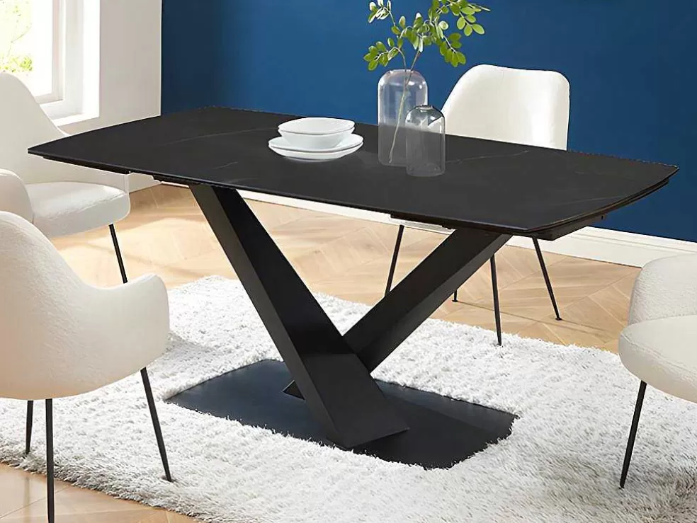 PASCAL MORABITO Mesa De Jantar Extensivel De 6 A 10 Lugares Em Vidro Temperado, Ceramica E Metal, Efeito Marmore Preto - Malata De * Mesa De Jantar