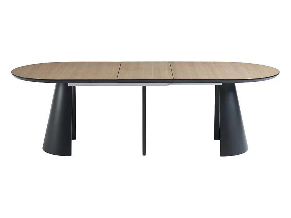 Vente-unique Mesa De Jantar Extensivel De 8 A 14 Lugares Mdf E Metal Natural Claro E Preto - Felanio* Mesa De Jantar