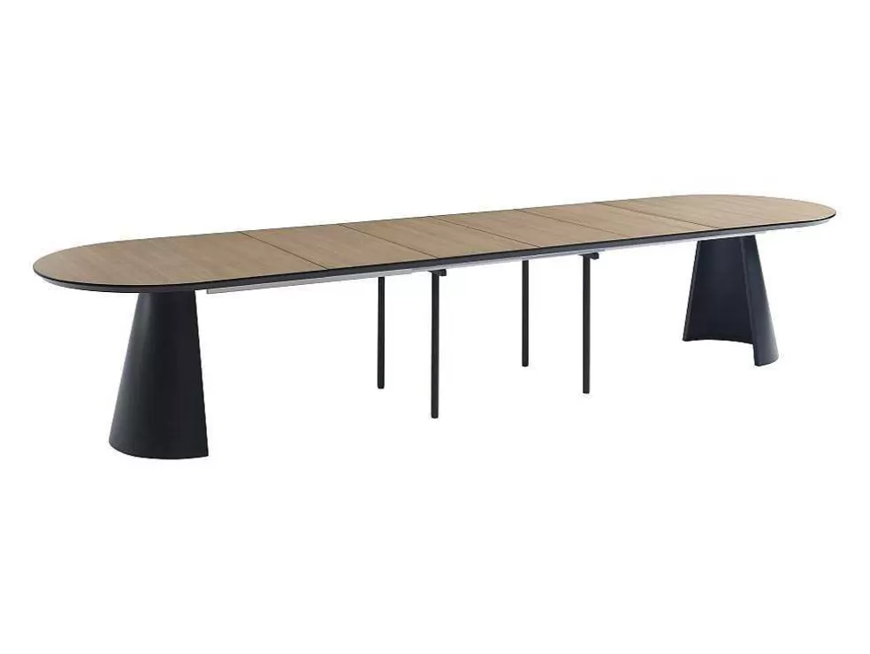 Vente-unique Mesa De Jantar Extensivel De 8 A 14 Lugares Mdf E Metal Natural Claro E Preto - Felanio* Mesa De Jantar