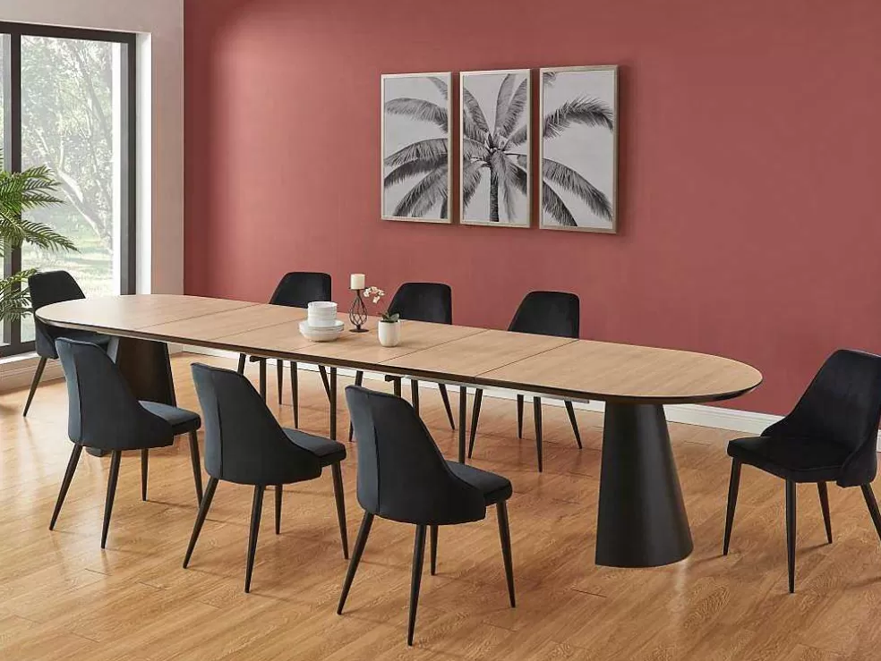 Vente-unique Mesa De Jantar Extensivel De 8 A 14 Lugares Mdf E Metal Natural Claro E Preto - Felanio* Mesa De Jantar