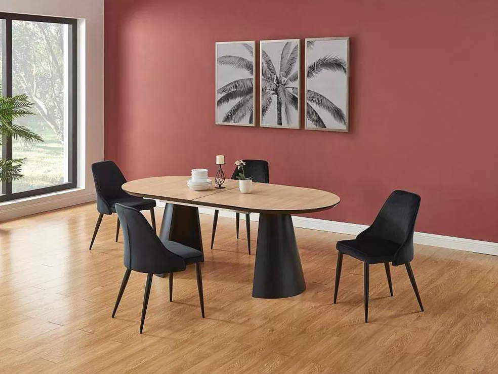 Vente-unique Mesa De Jantar Extensivel De 8 A 14 Lugares Mdf E Metal Natural Claro E Preto - Felanio* Mesa De Jantar
