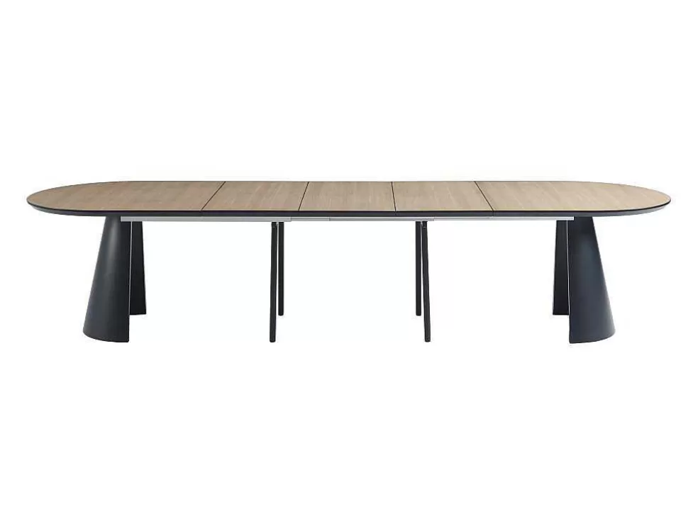 Vente-unique Mesa De Jantar Extensivel De 8 A 14 Lugares Mdf E Metal Natural Claro E Preto - Felanio* Mesa De Jantar