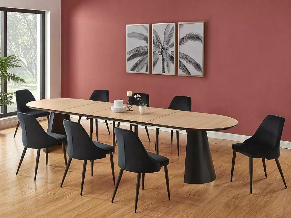 Vente-unique Mesa De Jantar Extensivel De 8 A 14 Lugares Mdf E Metal Natural Claro E Preto - Felanio* Mesa De Jantar