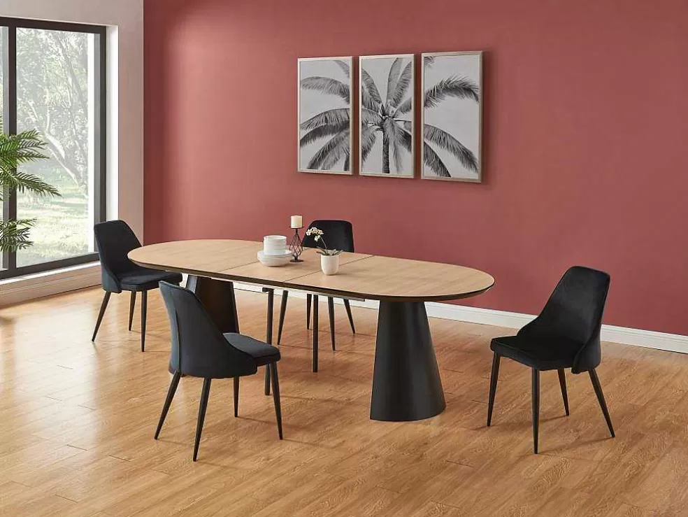 Vente-unique Mesa De Jantar Extensivel De 8 A 14 Lugares Mdf E Metal Natural Claro E Preto - Felanio* Mesa De Jantar