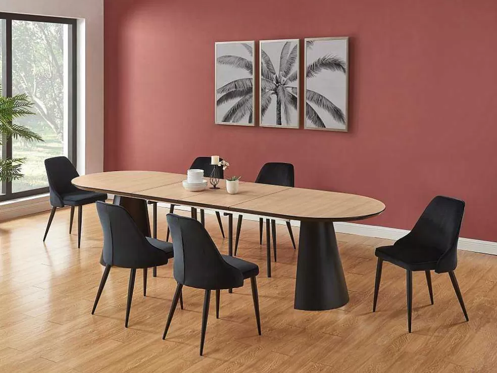 Vente-unique Mesa De Jantar Extensivel De 8 A 14 Lugares Mdf E Metal Natural Claro E Preto - Felanio* Mesa De Jantar