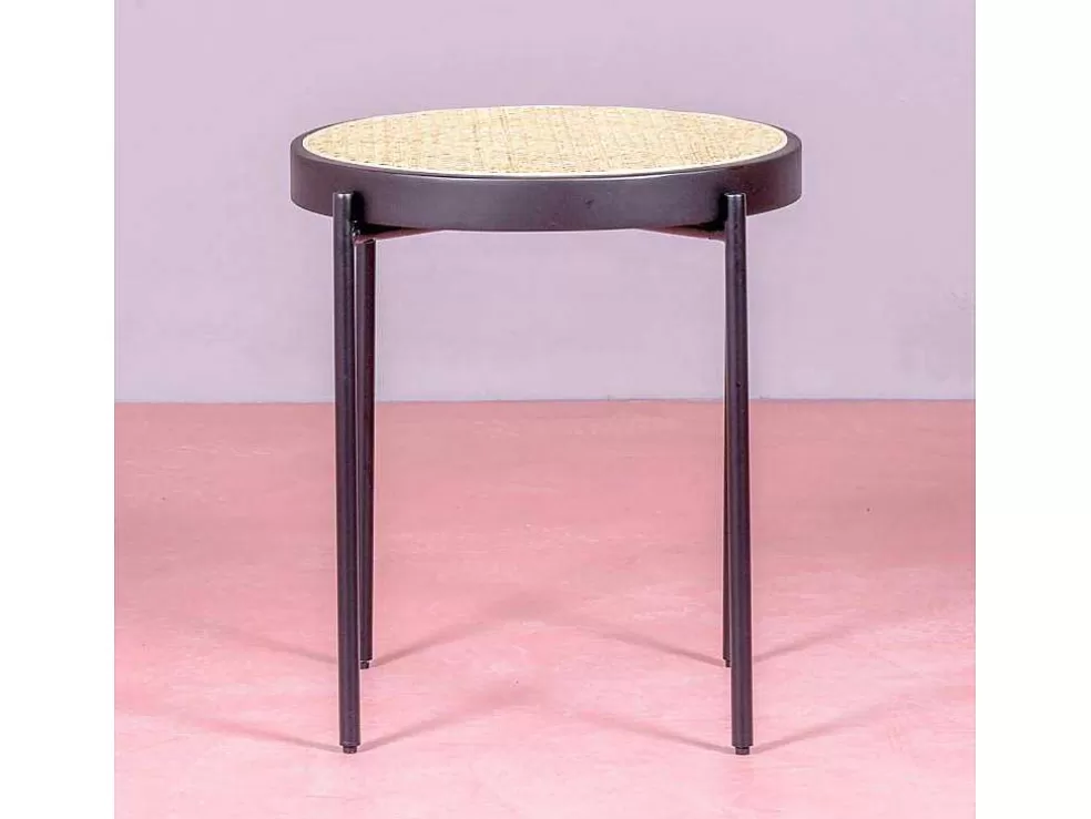 Vente-unique Mesa Lateral Retro Com Detalhes Em Rattan Natural (46Cm) - North - Preto* Mesa De Apoio