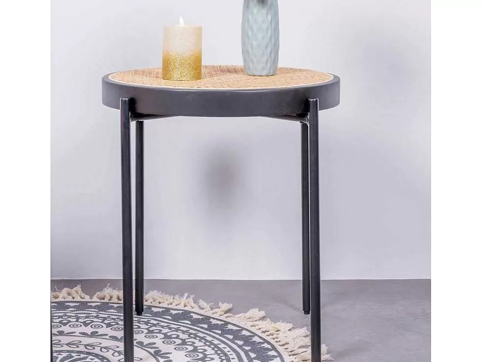 Vente-unique Mesa Lateral Retro Com Detalhes Em Rattan Natural (46Cm) - North - Preto* Mesa De Apoio