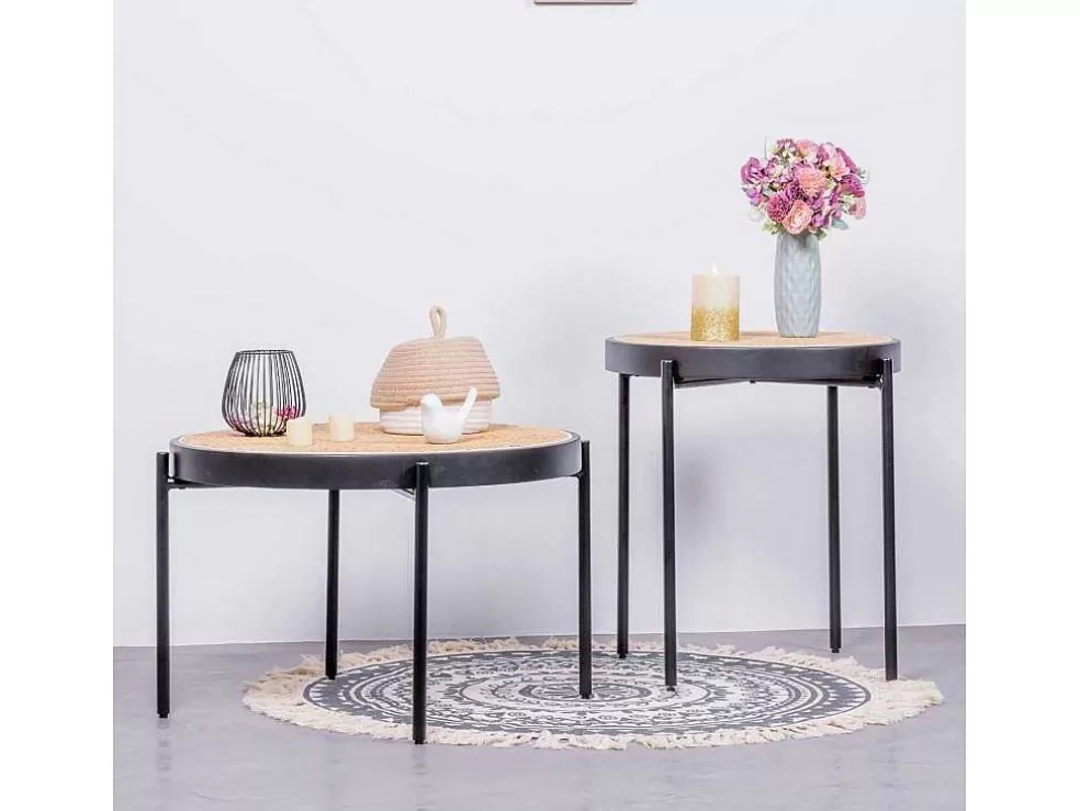 Vente-unique Mesa Lateral Retro Com Detalhes Em Rattan Natural (46Cm) - North - Preto* Mesa De Apoio
