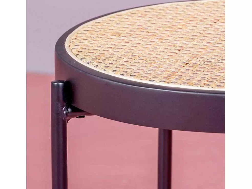 Vente-unique Mesa Lateral Retro Com Detalhes Em Rattan Natural (46Cm) - North - Preto* Mesa De Apoio