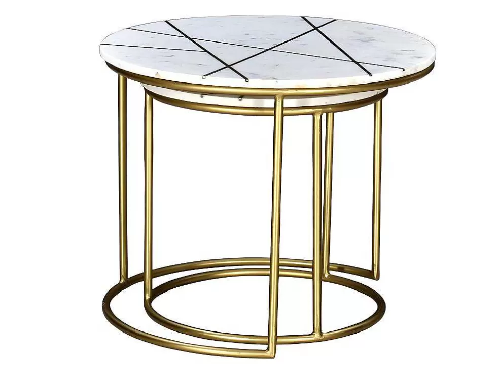 Vente-unique Mesas De Centro Empilhaveis Em Marmore Branco E Metal Dourado - Ornea* Mesa De Centro