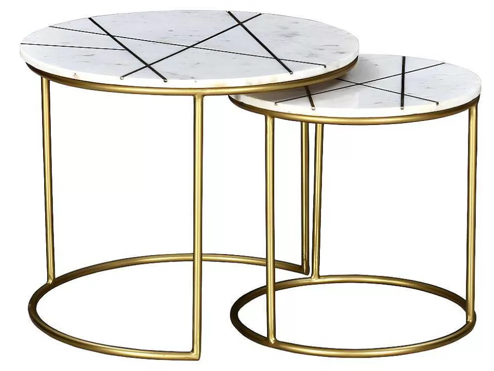 Vente-unique Mesas De Centro Empilhaveis Em Marmore Branco E Metal Dourado - Ornea* Mesa De Centro