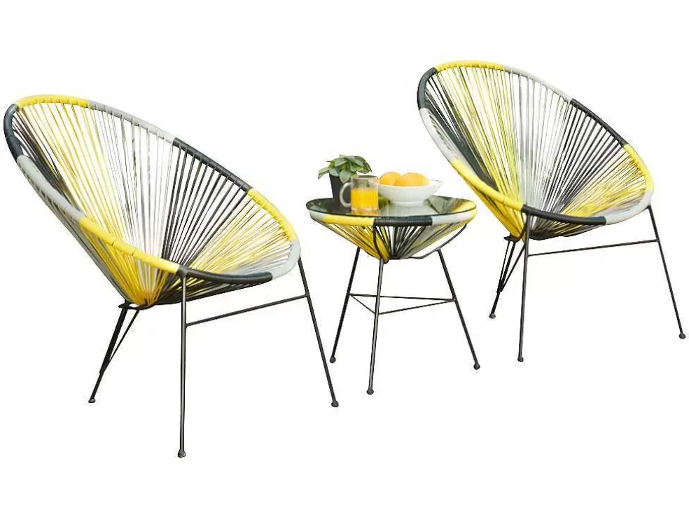 MYLIA Mobiliário De Jardim De Fibra De Resina Entrancada - Amarelo, Cinzento, Preto: 2 Cadeiras E Uma Mesa - Alios Ii* Conjunto Relax De Jardim