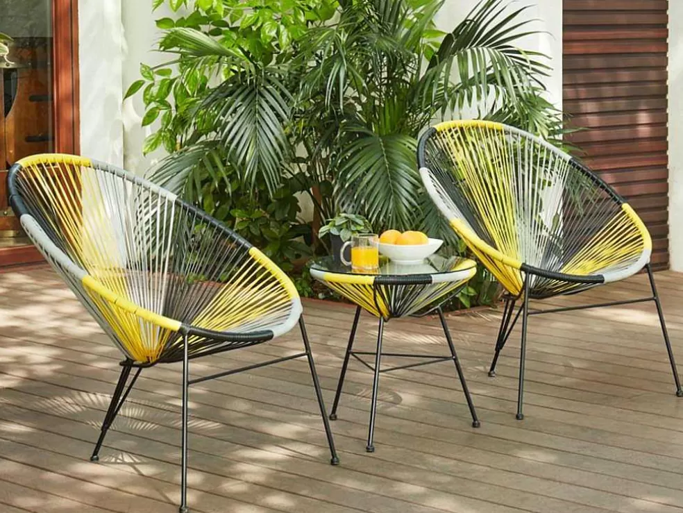 MYLIA Mobiliário De Jardim De Fibra De Resina Entrancada - Amarelo, Cinzento, Preto: 2 Cadeiras E Uma Mesa - Alios Ii* Conjunto Relax De Jardim