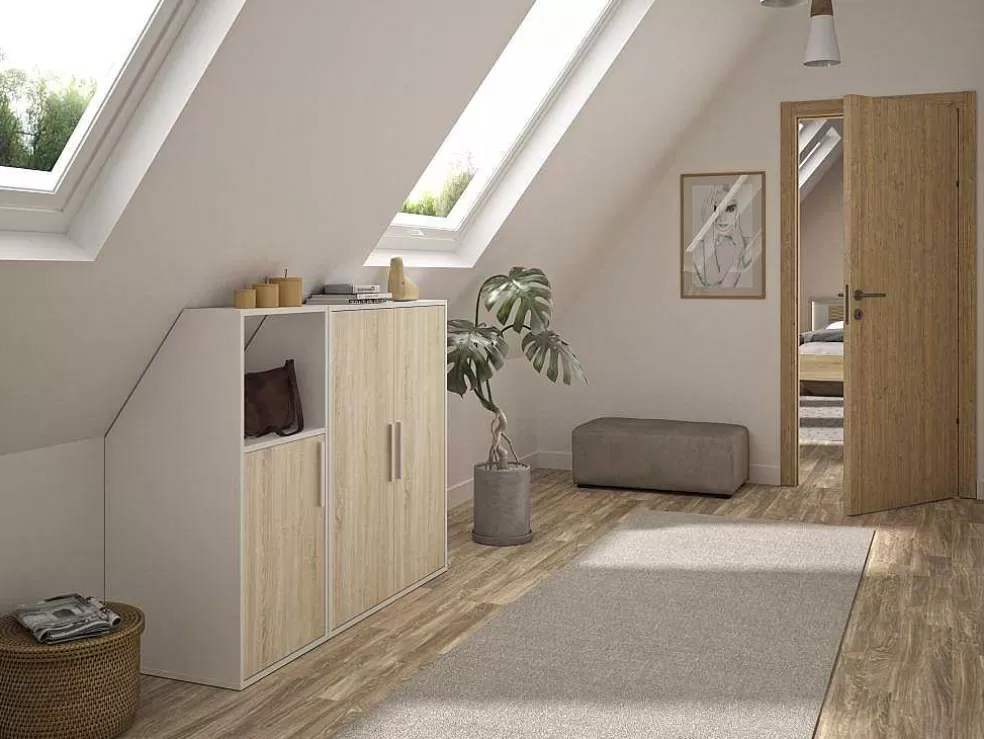Vente-unique Móvel Com Inclinacao 3 Portas E 1 Nicho Branco E Natural - Adezio* Arrumação E Acessórios De Quarto