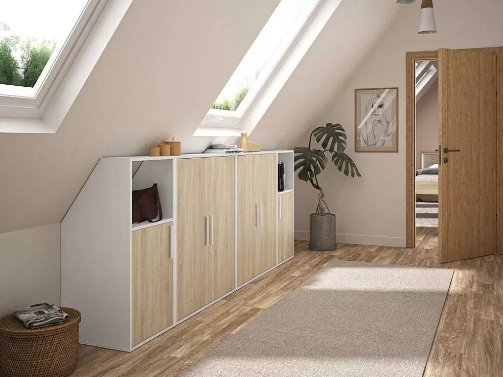 Vente-unique Móvel Com Inclinacao 6 Portas E 2 Nichos Branco E Natural - Adezio* Arrumação E Acessórios De Quarto