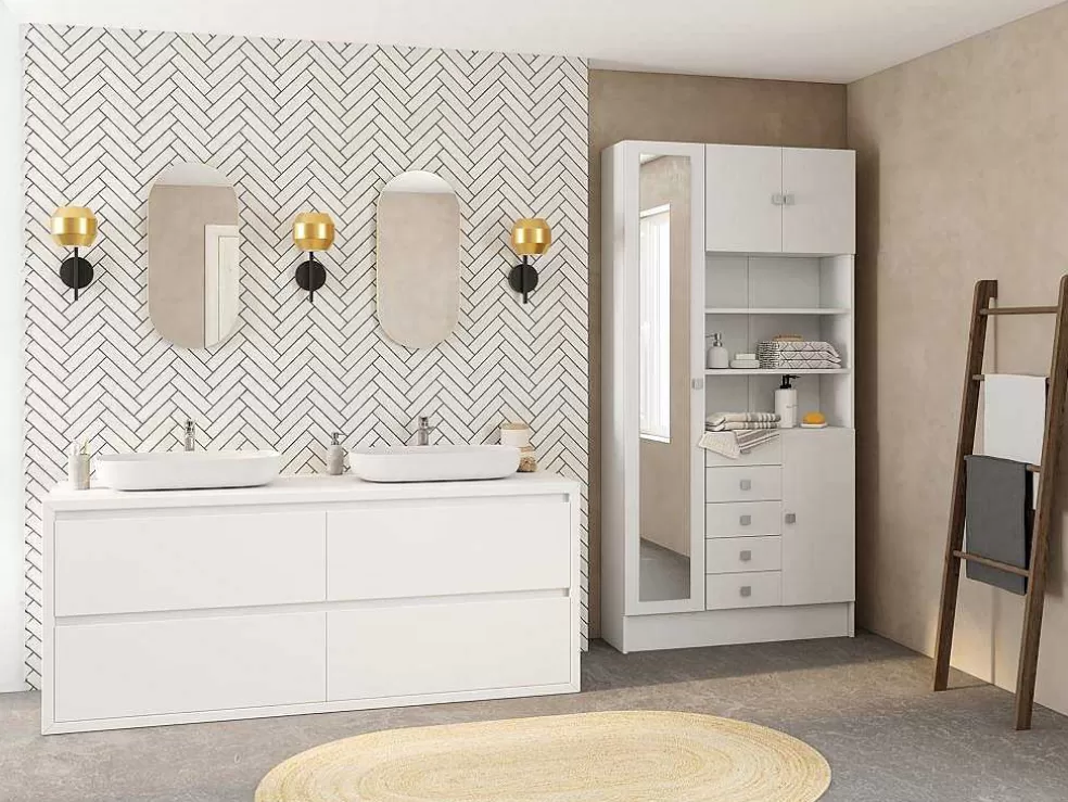 Vente-unique Móvel Com Varios Espacos De Arrumação E Com Espelho Cor Branco - Muliran* Coluna De Casa De Banho