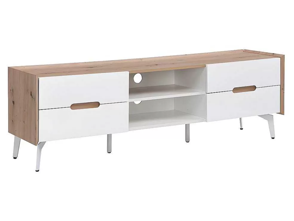 Vente-unique Móvel De 4 Gavetas E 2 Nichos Em Mdf E Metal Lacado A Branco E Natural - Cayana* Móvel De Tv
