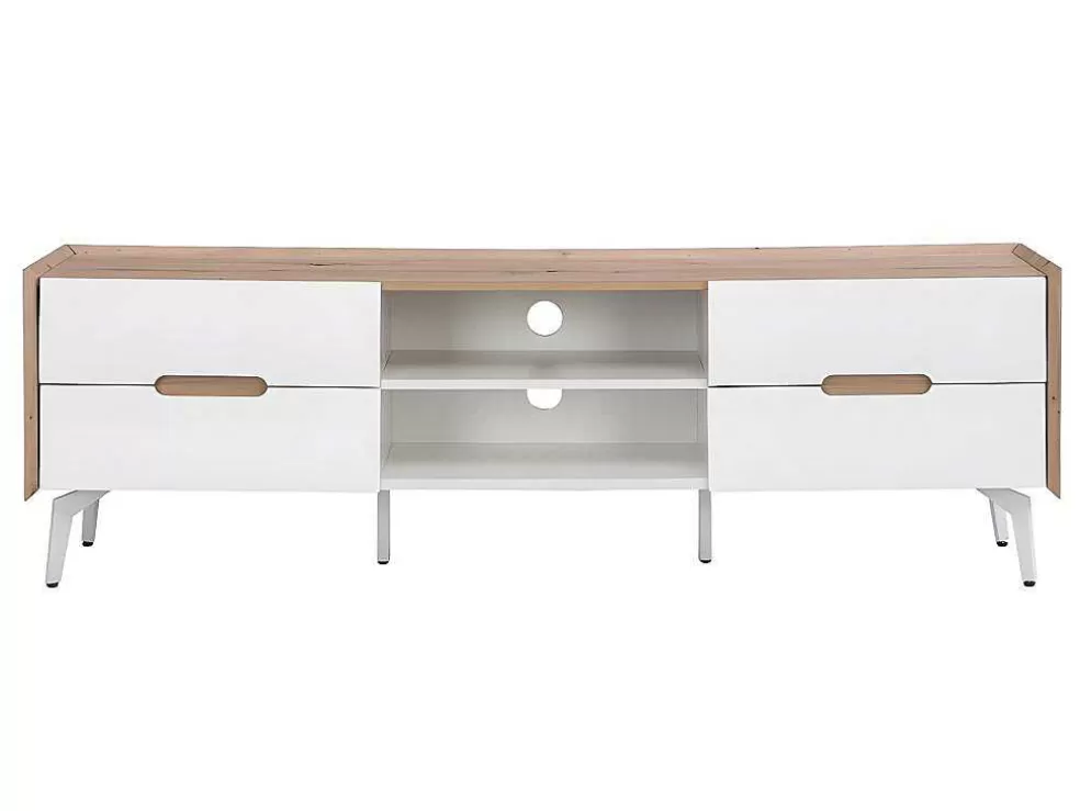 Vente-unique Móvel De 4 Gavetas E 2 Nichos Em Mdf E Metal Lacado A Branco E Natural - Cayana* Móvel De Tv