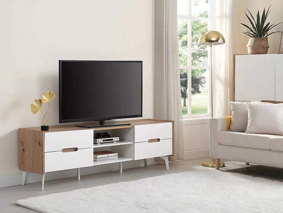 Vente-unique Móvel De 4 Gavetas E 2 Nichos Em Mdf E Metal Lacado A Branco E Natural - Cayana* Móvel De Tv