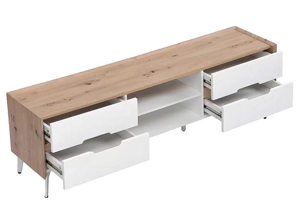 Vente-unique Móvel De 4 Gavetas E 2 Nichos Em Mdf E Metal Lacado A Branco E Natural - Cayana* Móvel De Tv