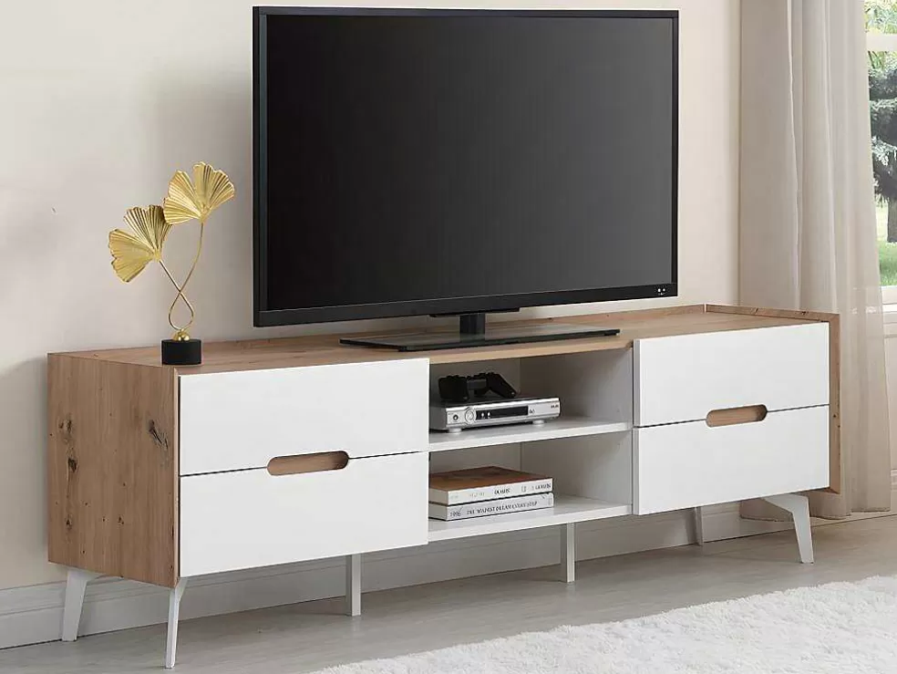 Vente-unique Móvel De 4 Gavetas E 2 Nichos Em Mdf E Metal Lacado A Branco E Natural - Cayana* Móvel De Tv