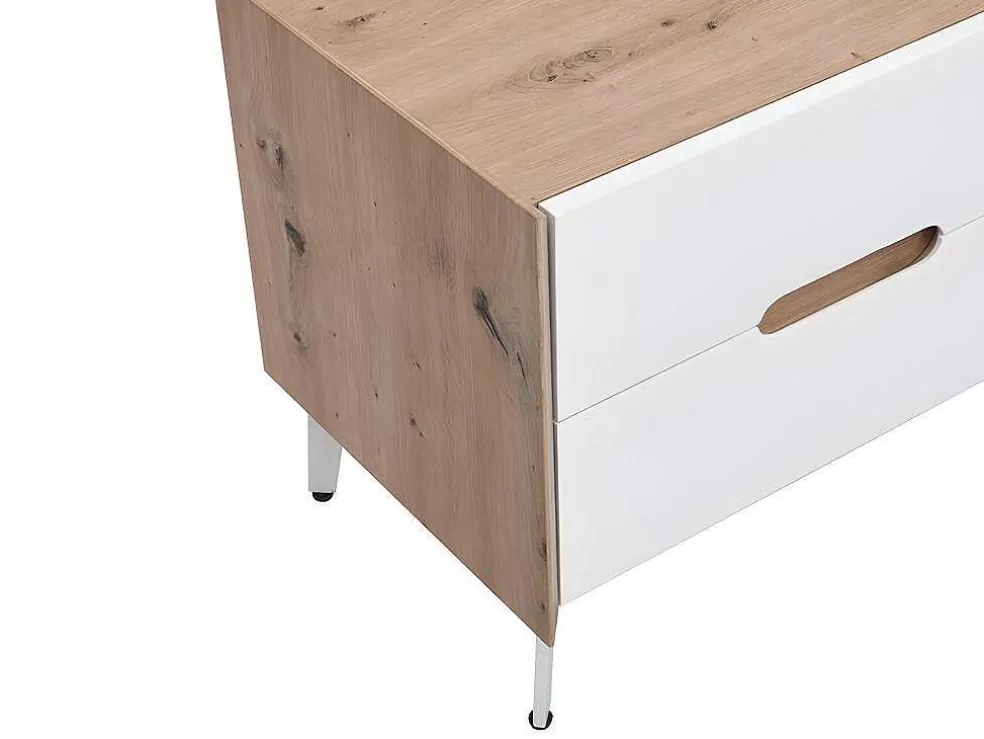 Vente-unique Móvel De 4 Gavetas E 2 Nichos Em Mdf E Metal Lacado A Branco E Natural - Cayana* Móvel De Tv
