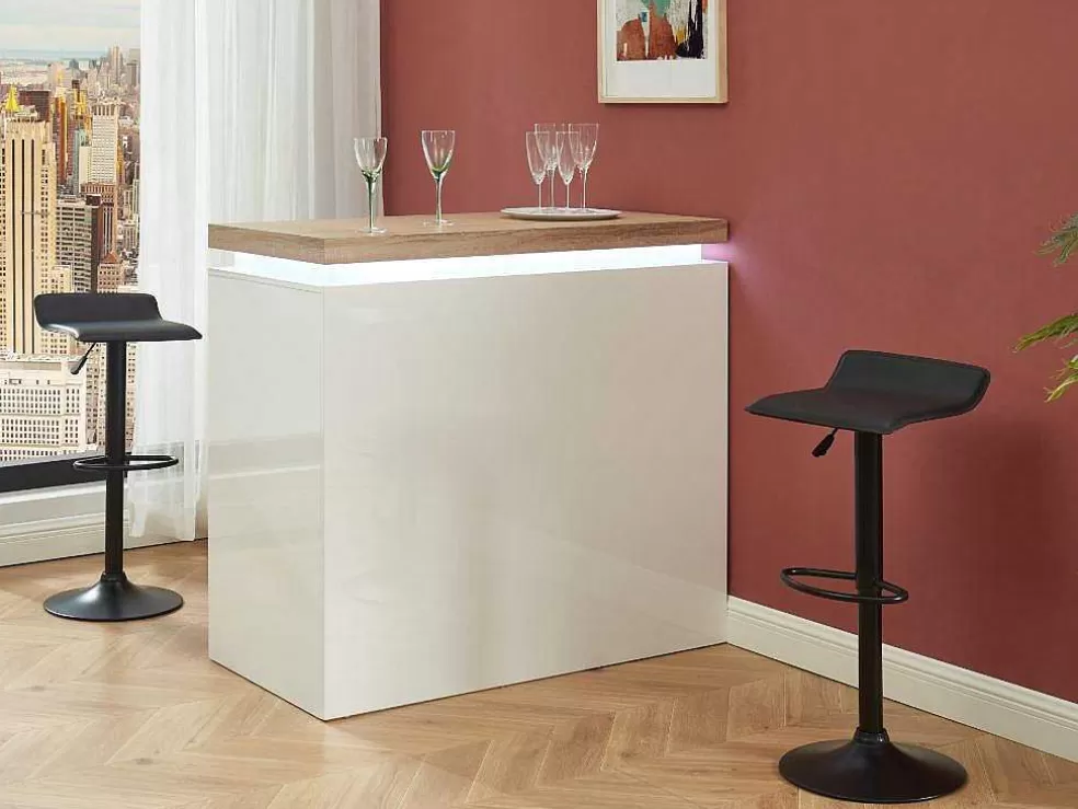 Vente-unique Móvel De Bar Em Mdf Lacado A Branco A Leds De Cor Branco E Carvalho - Halo Ii* Móvel De Bar