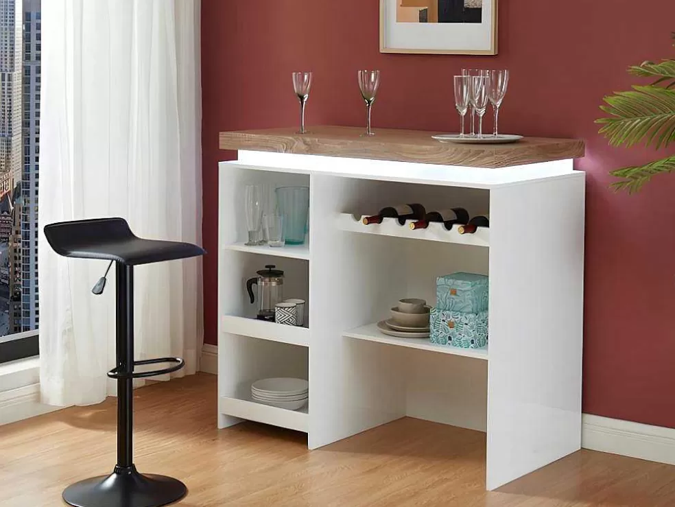 Vente-unique Móvel De Bar Em Mdf Lacado A Branco A Leds De Cor Branco E Carvalho - Halo Ii* Móvel De Bar