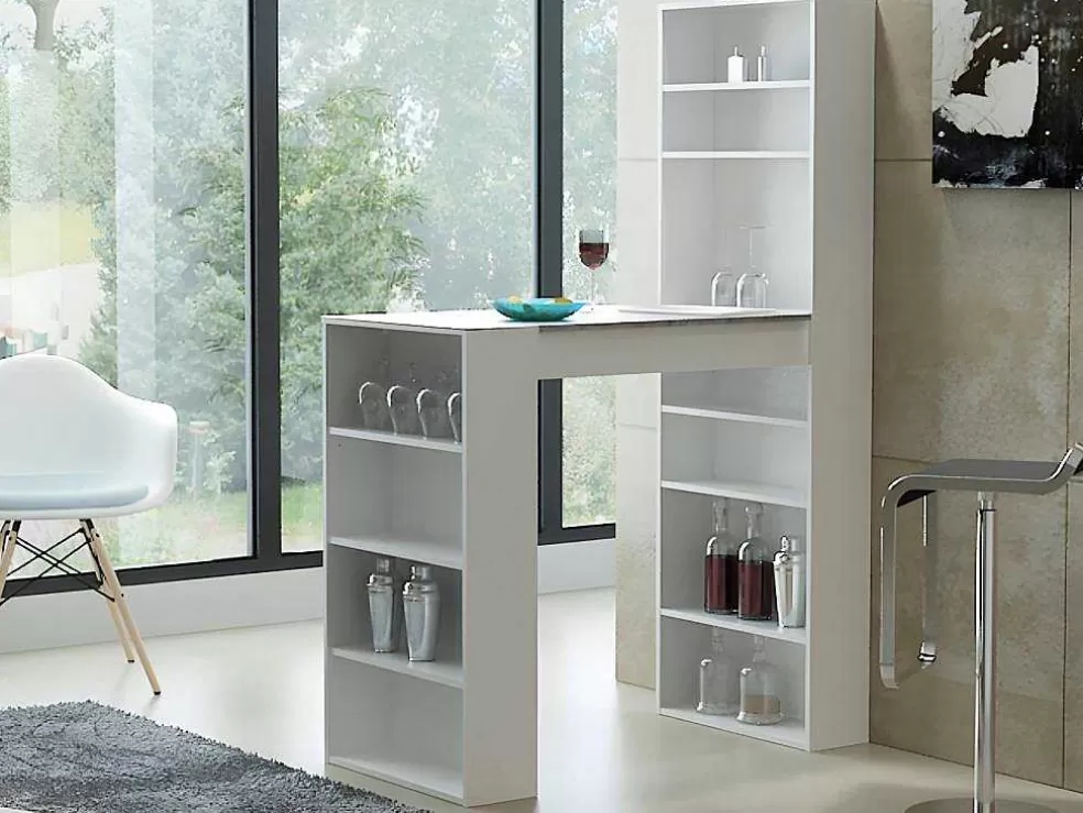 Vente-unique Móvel De Bar Skarn - Branco E Tampo De Efeito Granito* Móvel De Bar