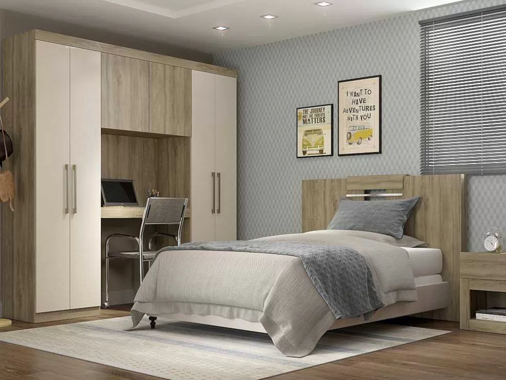 Vente-unique Móvel De Cama Antero - 6 Portas - Com Armários E Gavetas - C 200 Cm - Carvalho & Marfim* Cabeceira E Ponte De Cama