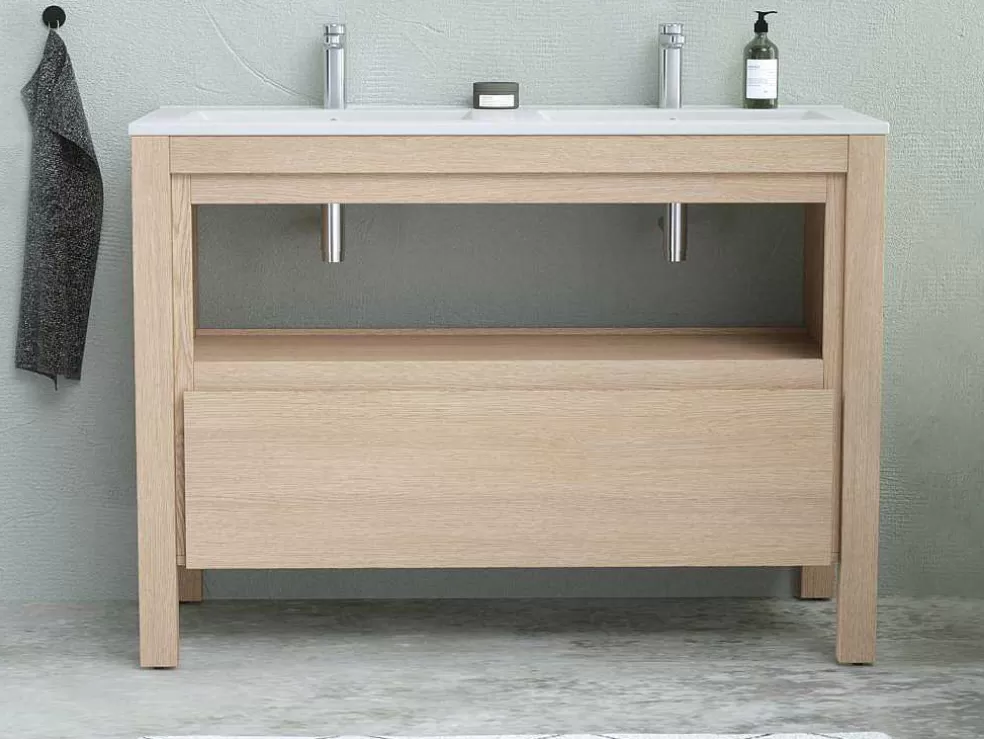 Vente-unique Móvel De Casa De Banho Com Lavatório De Encastrar, Folha De Carvalho, 120 Cm - Cosmoti* Móvel Lavatório Duplo