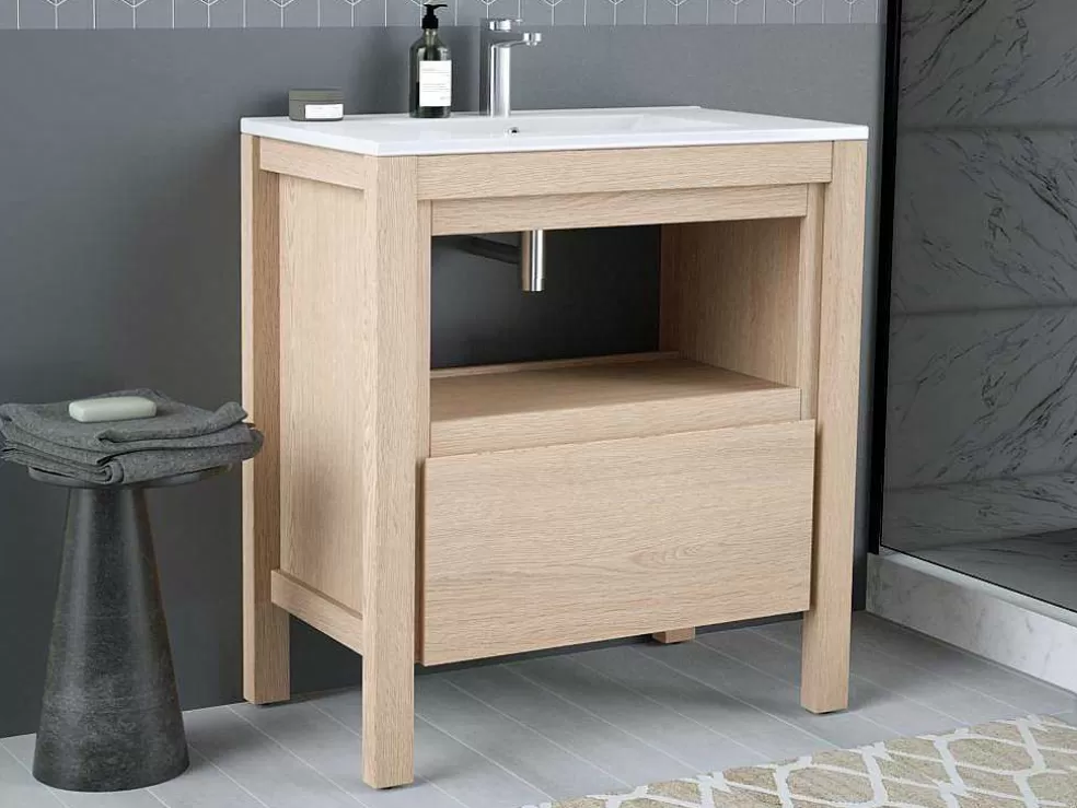 Vente-unique Móvel De Casa De Banho Com Lavatório De Encastrar, Folha De Carvalho, 80 Cm - Cosmoti* Móvel Lavatório Individual