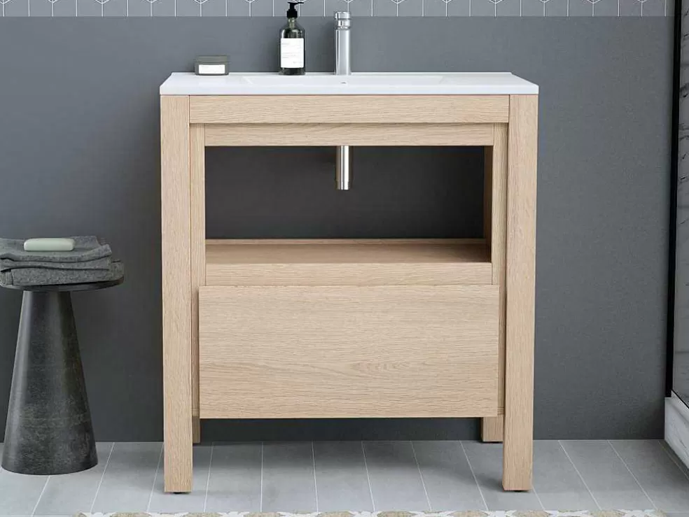 Vente-unique Móvel De Casa De Banho Com Lavatório De Encastrar, Folha De Carvalho, 80 Cm - Cosmoti* Móvel Lavatório Individual