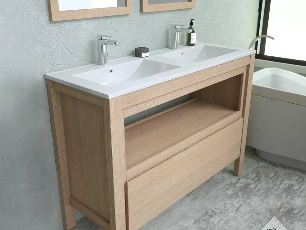 Vente-unique Móvel De Casa De Banho Com Lavatório De Encastrar, Folha De Carvalho, 120 Cm - Cosmoti* Móvel Lavatório Duplo