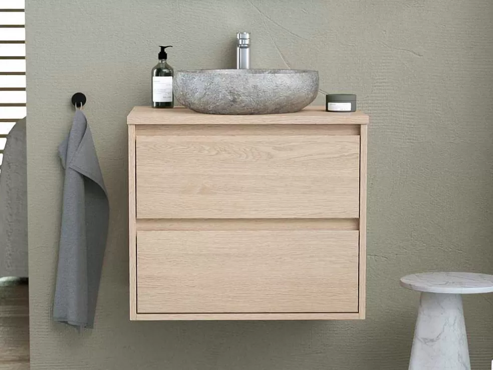 Vente-unique Móvel De Casa De Banho Com Lavatório De Pedra Instalacao Suspensa, Folha De Carvalho, 60 Cm - Milipam* Móvel Lavatório Individual