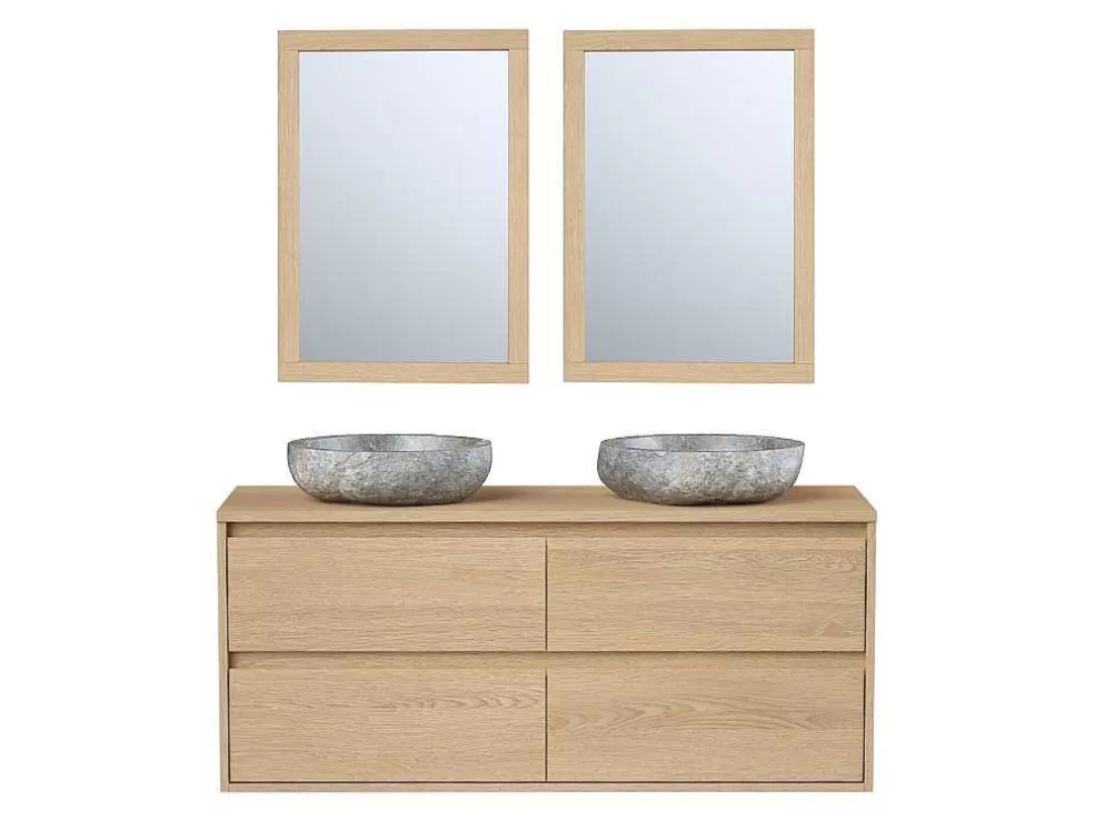 Vente-unique Móvel De Casa De Banho Com Lavatório Duplo De Pedra E Espelho, Folha De Carvalho, 120 Cm - Milipam* Móvel Lavatório Duplo