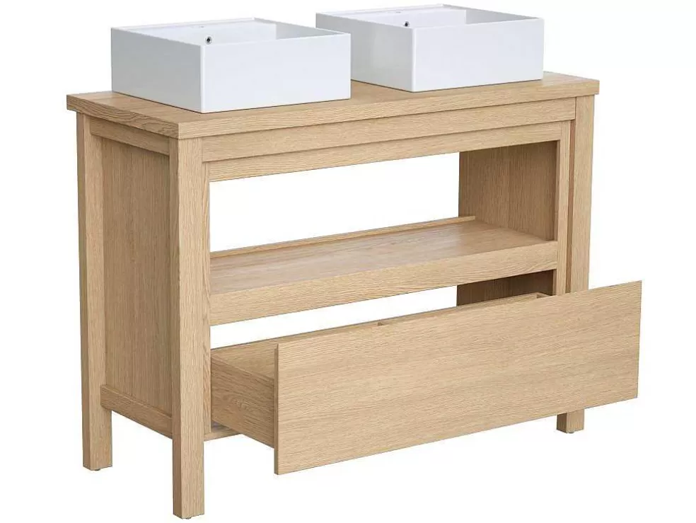 Vente-unique Móvel De Casa De Banho Com Lavatório Duplo De Pousar, Folha De Carvalho, 120 Cm - Cosmoti* Móvel Lavatório Duplo