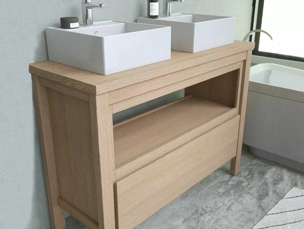 Vente-unique Móvel De Casa De Banho Com Lavatório Duplo De Pousar, Folha De Carvalho, 120 Cm - Cosmoti* Móvel Lavatório Duplo