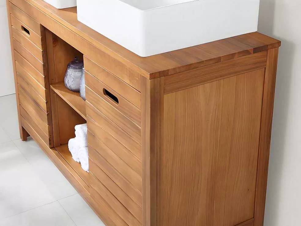 Vente-unique Móvel De Casa De Banho Em Madeira De Acacia Com Lavatório Duplo E Espelhos De 130 Cm - Pulukan* Móvel Lavatório Duplo