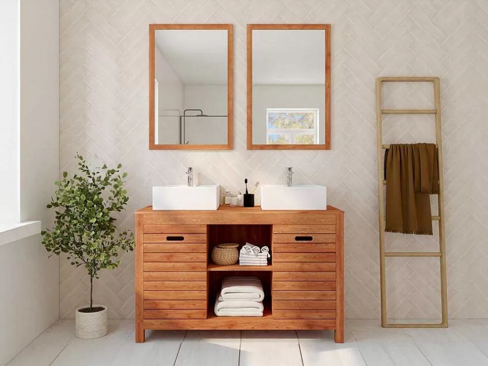 Vente-unique Móvel De Casa De Banho Em Madeira De Acacia Com Lavatório Duplo E Espelhos De 130 Cm - Pulukan* Móvel Lavatório Duplo
