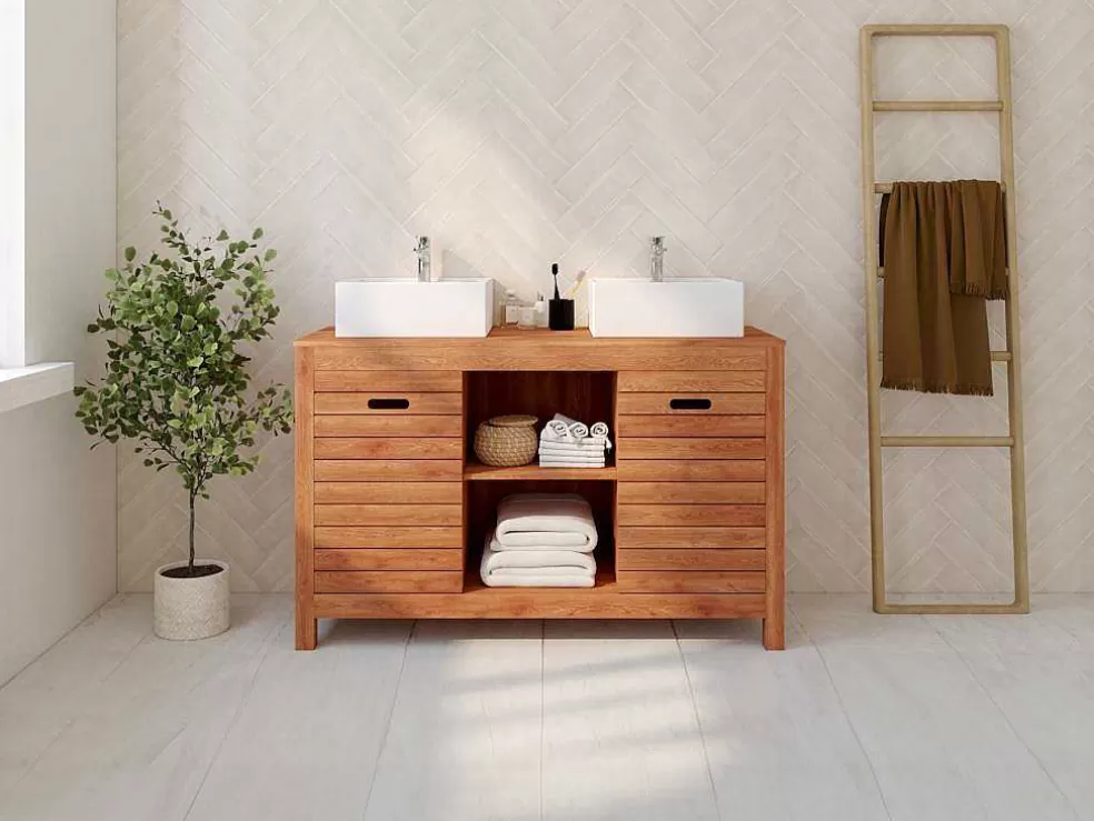 Vente-unique Móvel De Casa De Banho Em Madeira De Acacia Com Lavatório Individual De 130 Cm - Pulukan* Móvel Lavatório Duplo