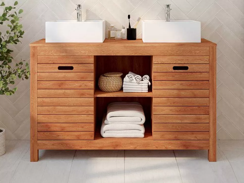 Vente-unique Móvel De Casa De Banho Em Madeira De Acacia Com Lavatório Individual De 130 Cm - Pulukan* Móvel Lavatório Duplo