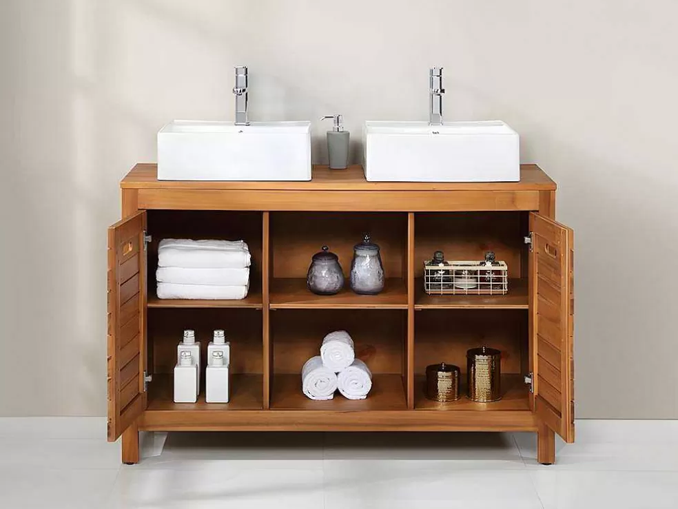 Vente-unique Móvel De Casa De Banho Em Madeira De Acacia Com Lavatório Individual De 130 Cm - Pulukan* Móvel Lavatório Duplo
