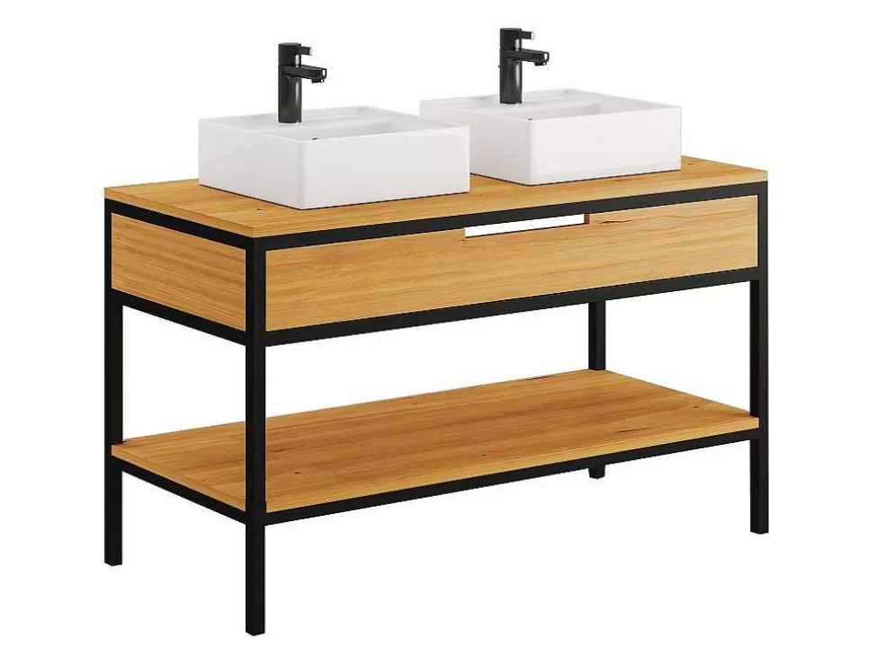 Vente-unique Móvel De Casa De Banho Em Teca Clara E Metal Com Lavatório Duplo 120 Cm - Tukad* Móvel Lavatório Duplo