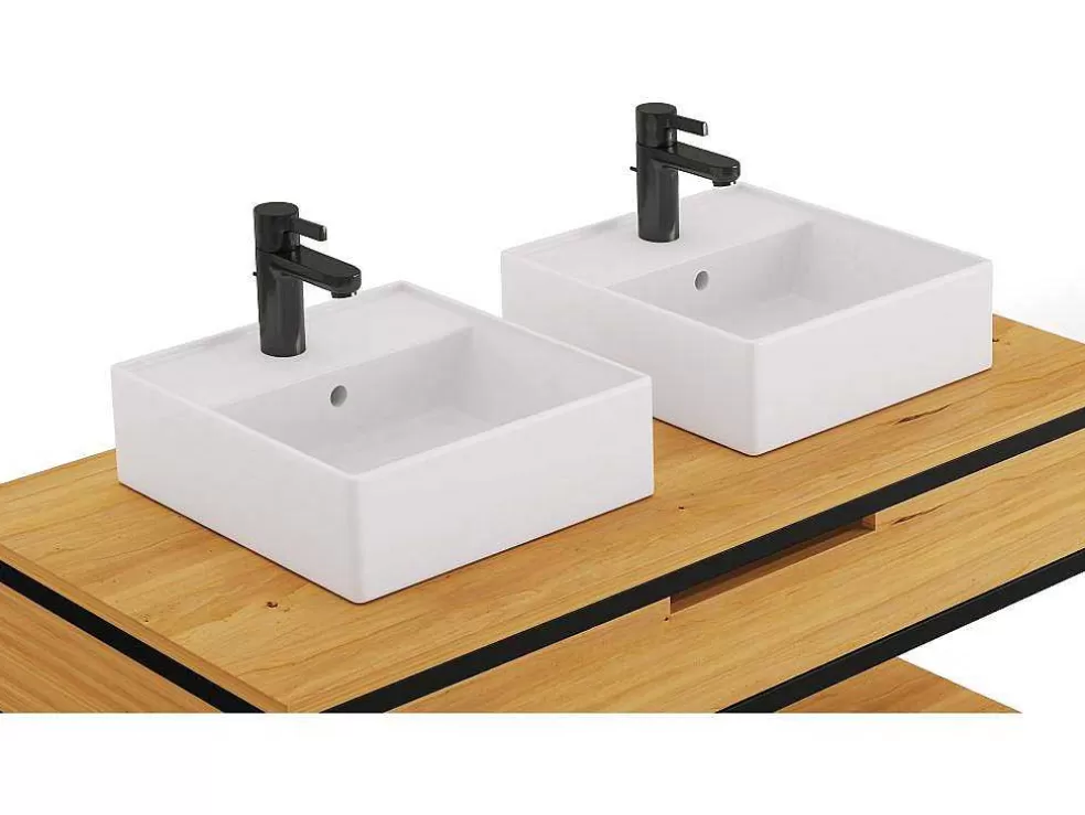 Vente-unique Móvel De Casa De Banho Em Teca Clara E Metal Com Lavatório Duplo 120 Cm - Tukad* Móvel Lavatório Duplo