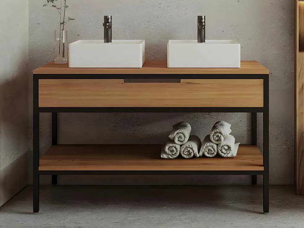 Vente-unique Móvel De Casa De Banho Em Teca Clara E Metal Com Lavatório Duplo 120 Cm - Tukad* Móvel Lavatório Duplo